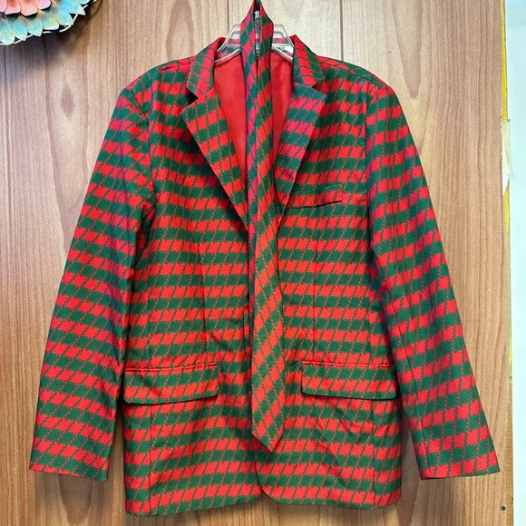 Dec. 25 Red Green Christmas Office Party Suit Coat Matching Tie Set Men's L - Picture 1 of 10
